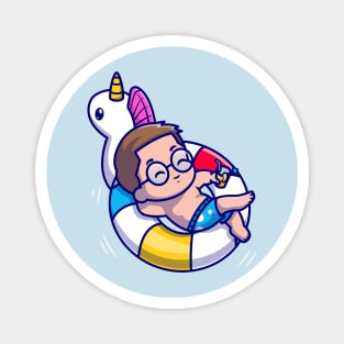 Cute Man Floating With Swimming Balloon Cartoon Magnet